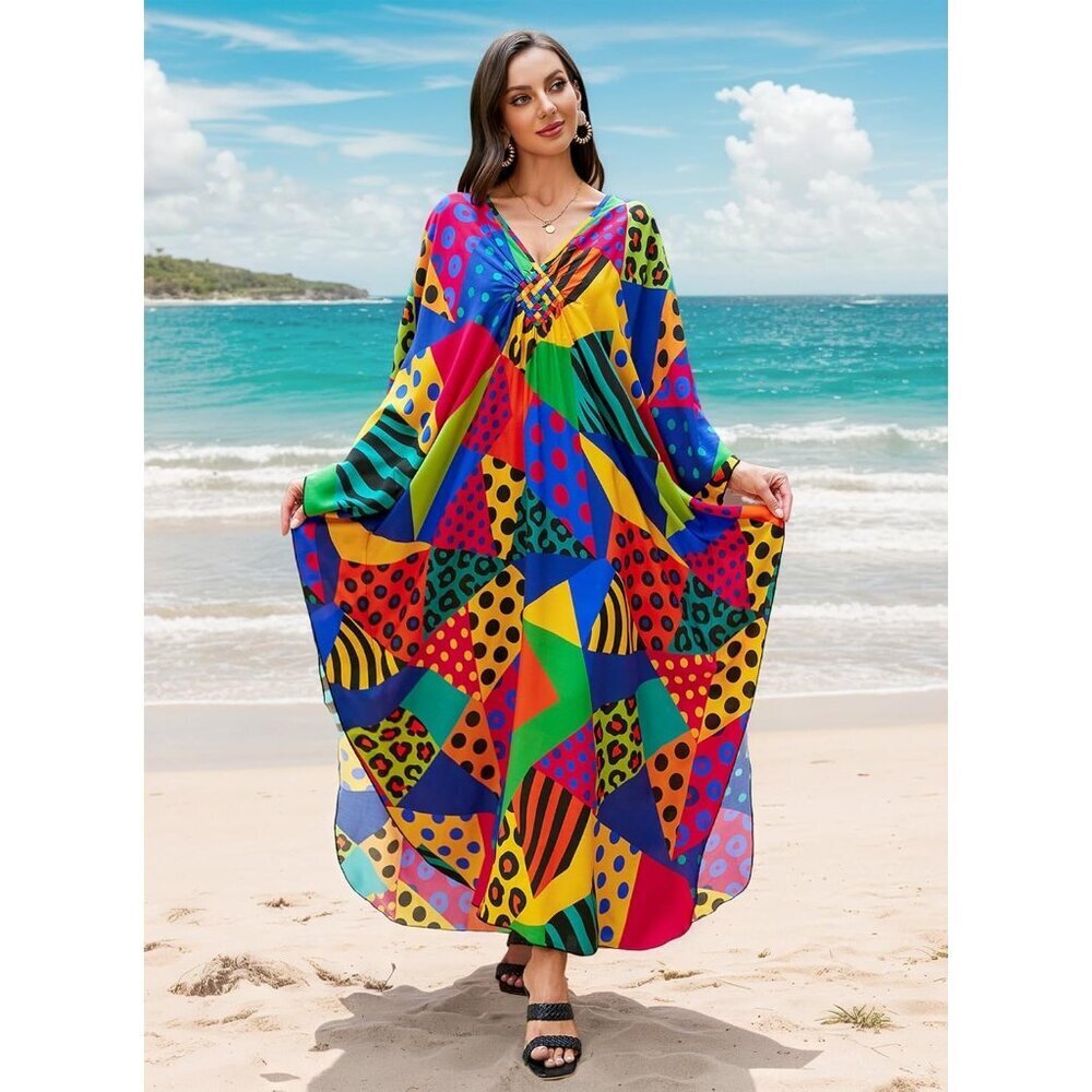 Women Colourful Polka Vneck Batwing Sleeve Flowy Split Hem Bohemian Kaftan Dress - Picture 2 of 6
